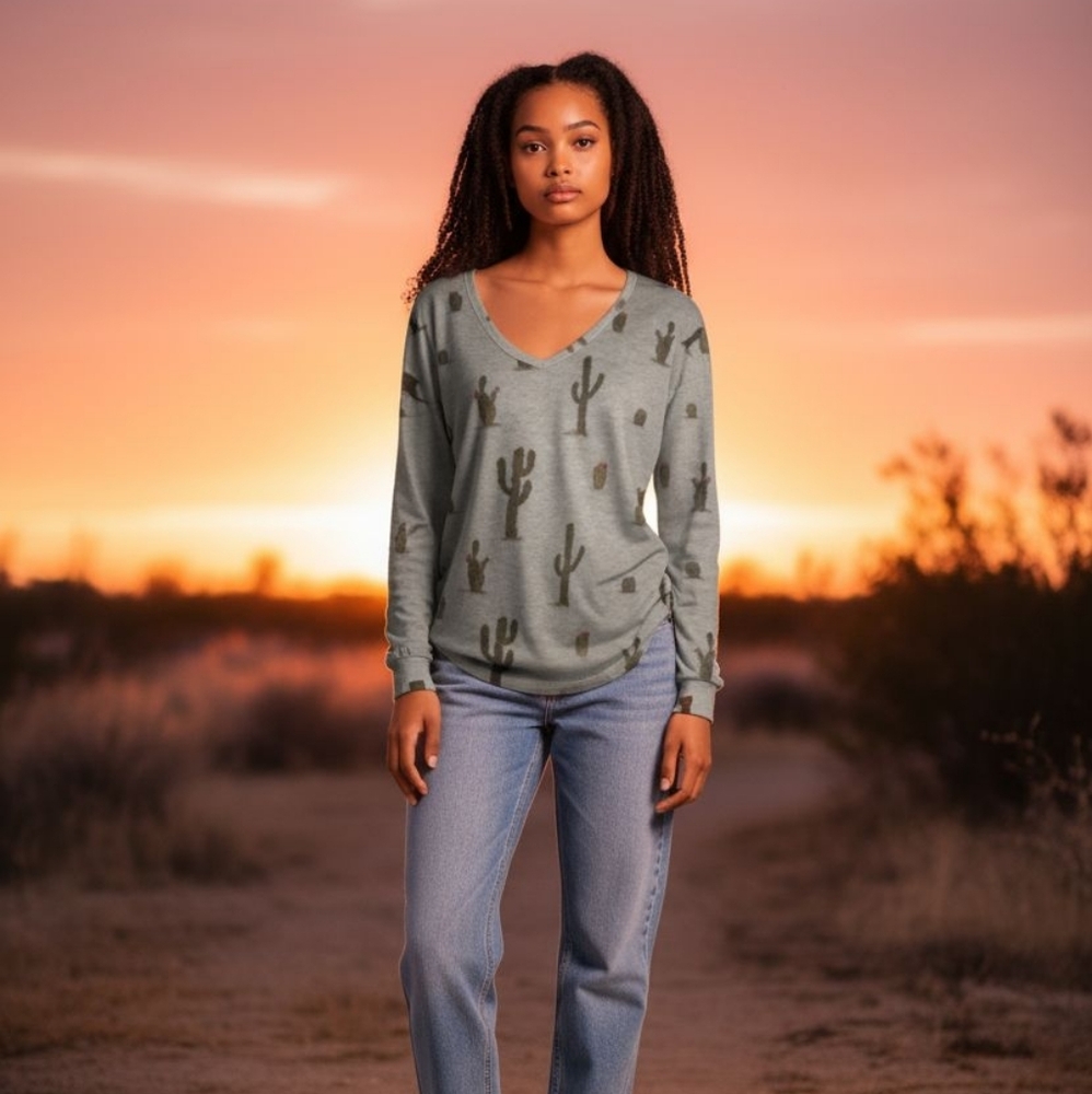 Eyeshadow Cactus Print Top Medium Southwestern Desert V-Neck Long Sleeve